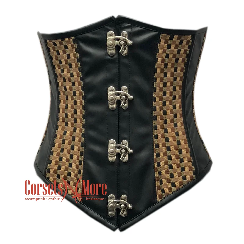 Corset with sheer overlay-Black Faux Leather With Brown Jute Steampunk Underbust Corset Heavy Duty Gothic Costume