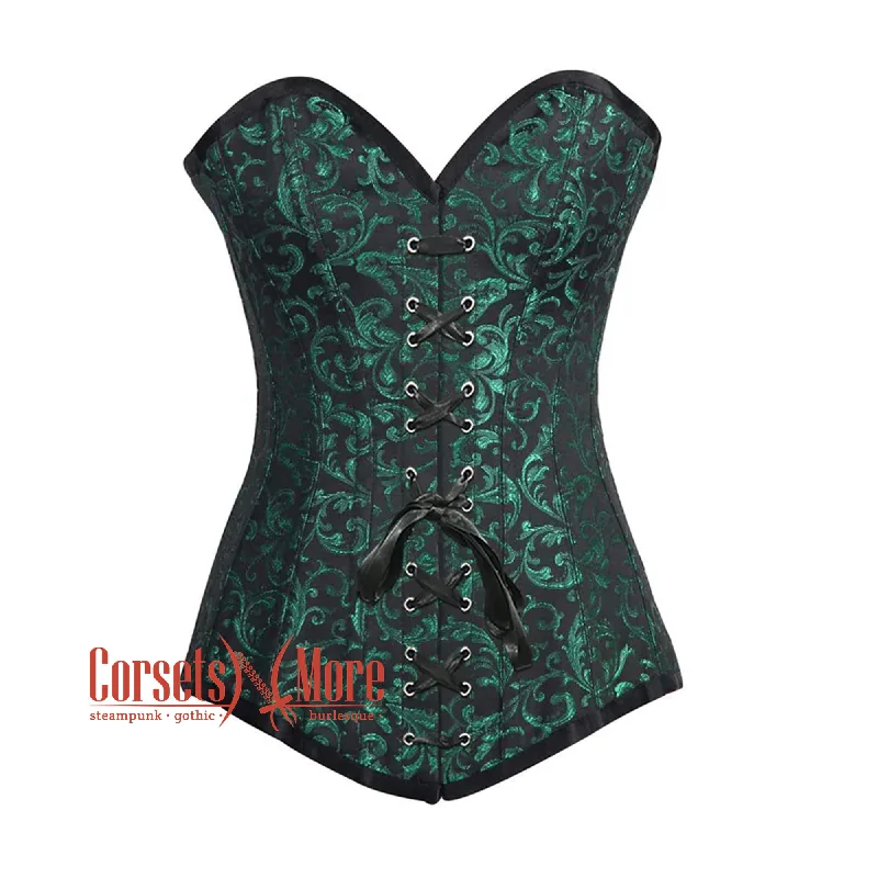 Corset dress for autumn flair-Green And Black Brocade Longline Front Lace Gothic Corset Burlesque Overbust Bustier Top