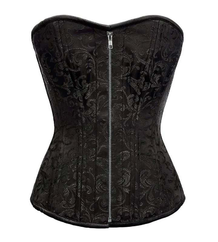 Corset dress for elegant nights-Black Brocade Spiral Steel Boned Corset Waist Training Bustier Overbust Top