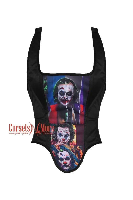 Corset top with ruched straps-Plus Size Black Satin With Joker Print Shoulder Strap Gothic Halloween Costume Overbust Corset Waist Trainer Top