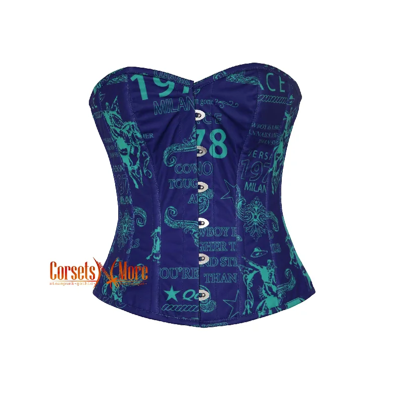 Corset in muted taupe-Digital Printed Blue Corset Gothic Overbust Costume Waist Training Top