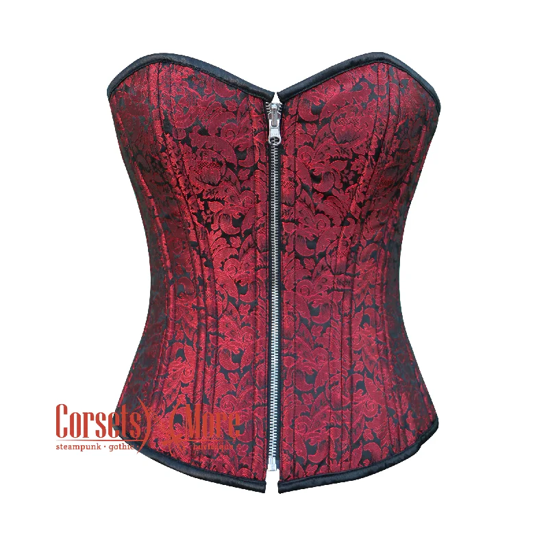 Corset top with sheer edging-Red Black Brocade Reversible Corset Steampunk Zipper Halloween Overbust Top