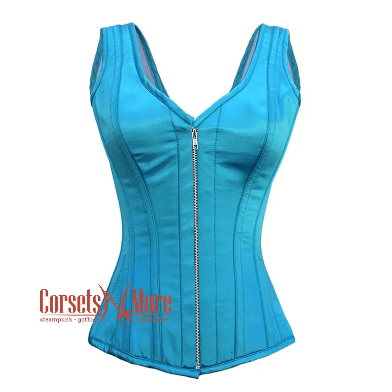 Corset dress with lace skirt-Baby Blue Satin With Front Silver Zipper Gothic Overbust Burlesque Corset Waist Training Top