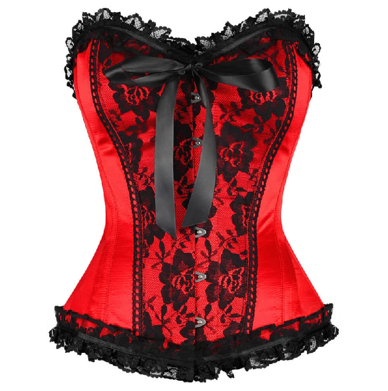 Corset dress with side pleats-Red Satin Black Frill Net Gothic Burlesque Corset Waist Training Overbust Valentine Top