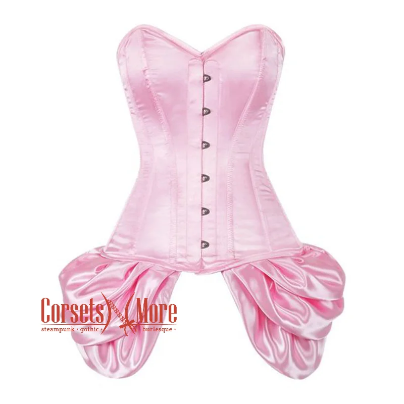 Corset with velvet edging-Baby Pink Satin With Front Silver Busk Overbust Corset