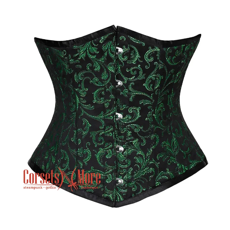 Corset for subtle flair-Green And Black Brocade With Front Silver Busk Underbust Corset Gothic Costume Bustier Top