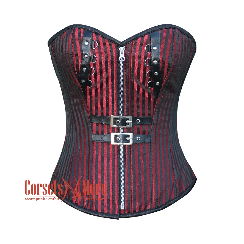 Corset dress in pale lavender-Red And Black Brocade Gothic Front Zipper Leather Overbust Corset Halloween Top