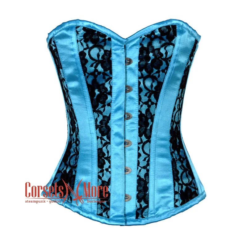 Corset with floral straps-Baby Blue Satin With Black Net Gothic Overbust Burlesque Corset