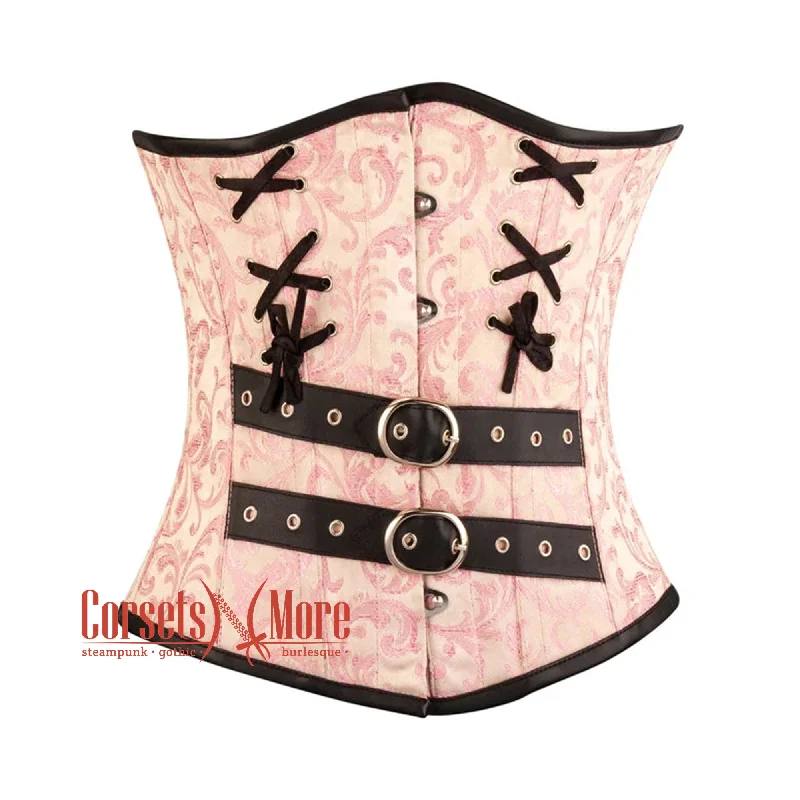 Corset with satin overlay-Pink Brocade With Leather Belts Steampunk Costume Waist Cincher Basque Underbust Corset