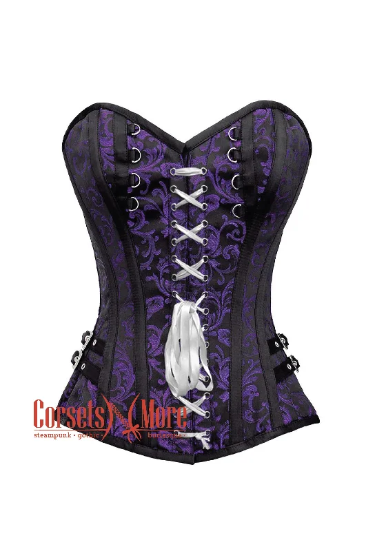 Corset top with velvet overlay-Purple and Black Brocade Overbust Corset Bustier Heart Top Costume