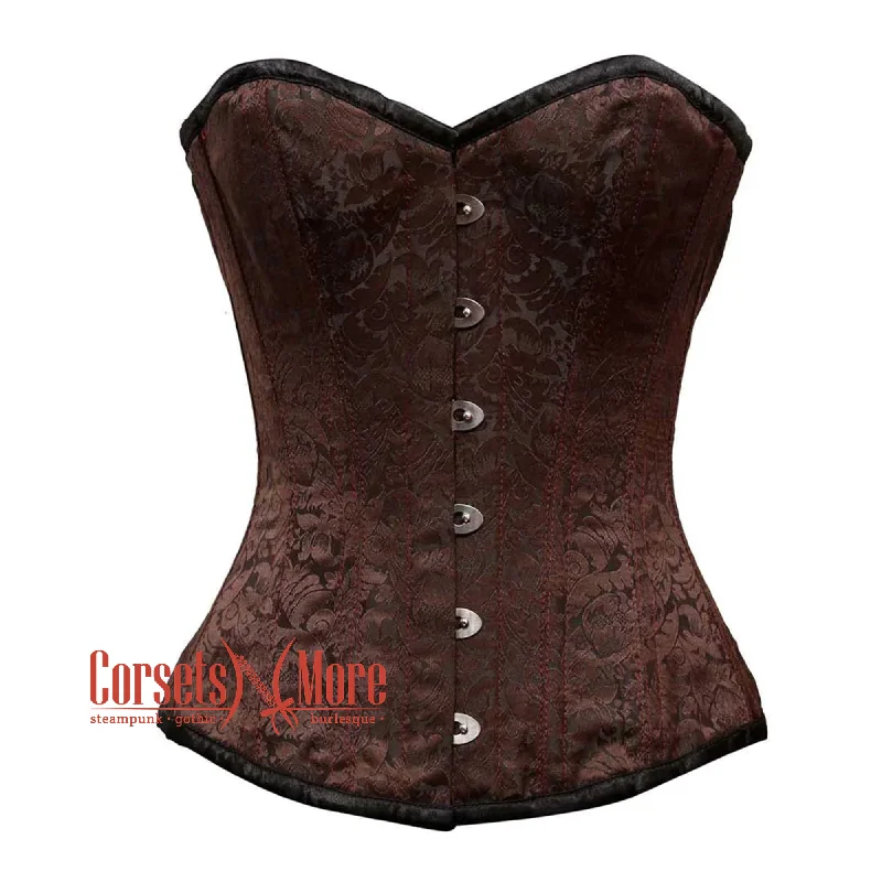 Corset with sheer overlay-Brown Brocade With Front Silver Busk Overbust Corset