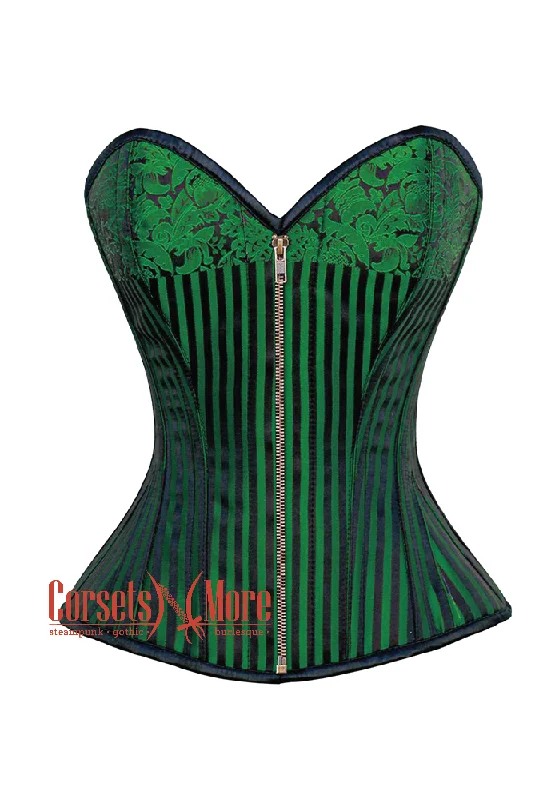 Corset dress for night flair-Green And Black Brocade Antique Zipper Steampunk Overbust Costume Corset