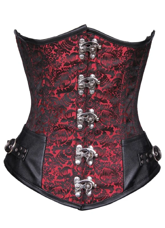 Corset for subtle lines-Red Black Brocade Leather Gothic LONGLINE Underbust Corset Waist Training