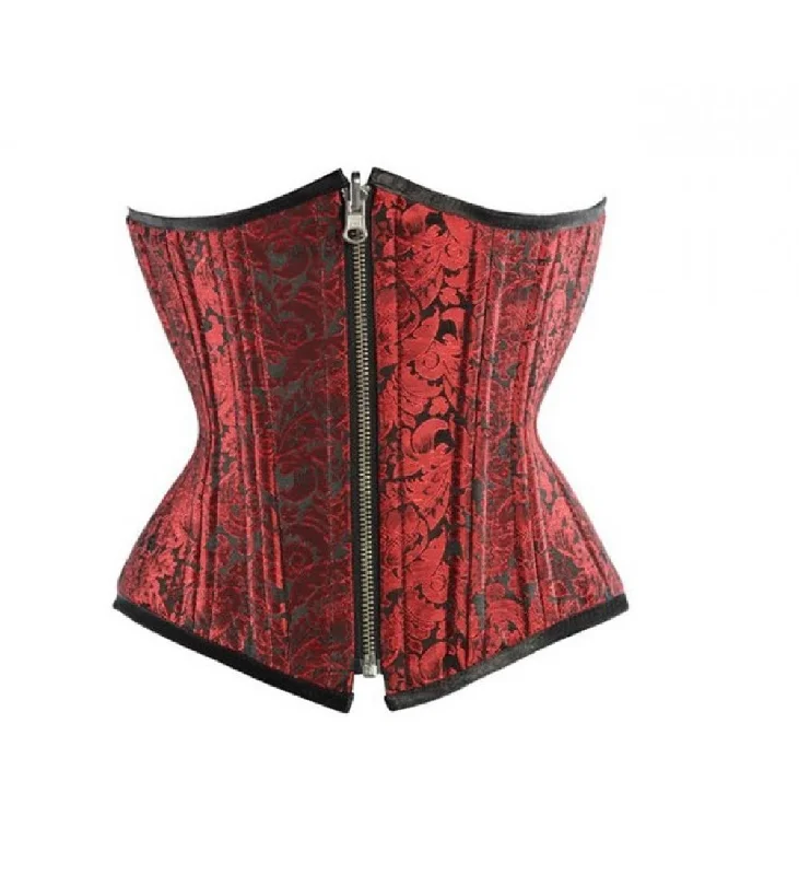 Corset in pale aqua-Red Black Brocade Zipper Double Bone Underbust Corset Waist Training Costume