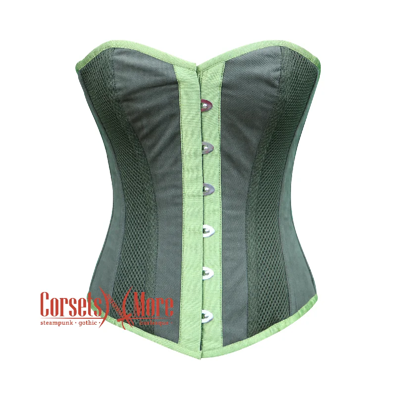 Corset top with ruched straps-Green Cotton With Mesh Gothic Costume Steampunk Overbust Corset Top