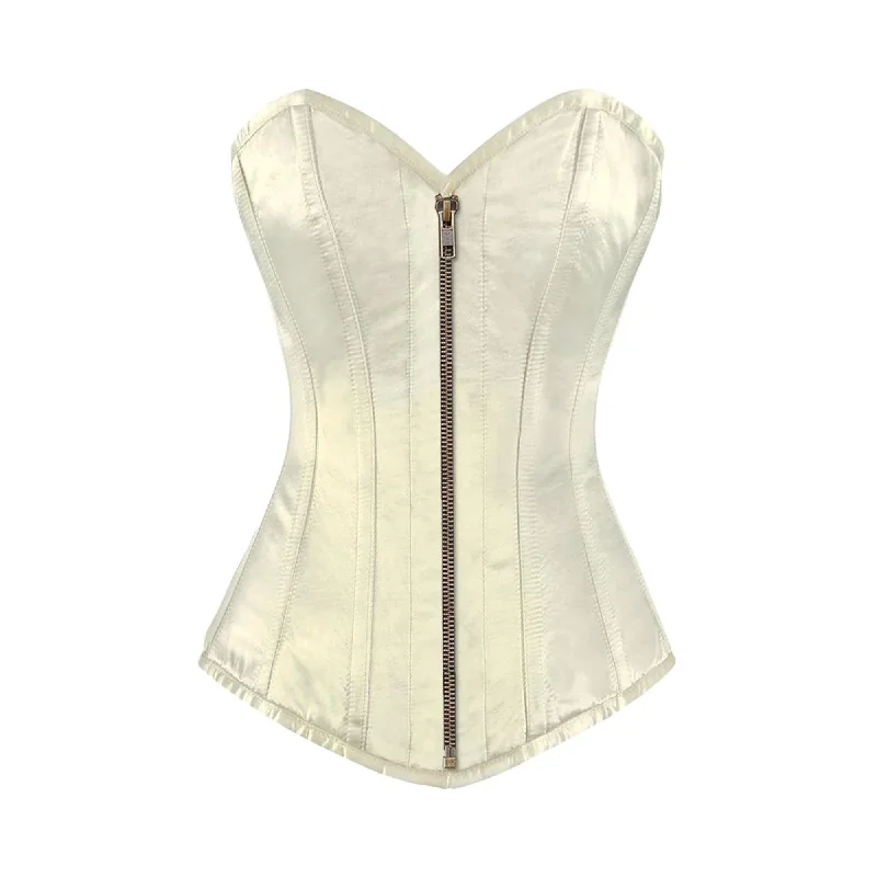 Corset top with sheer hem-Ivory Satin Long Burlesque Front Antique Zipper Overbust Corset