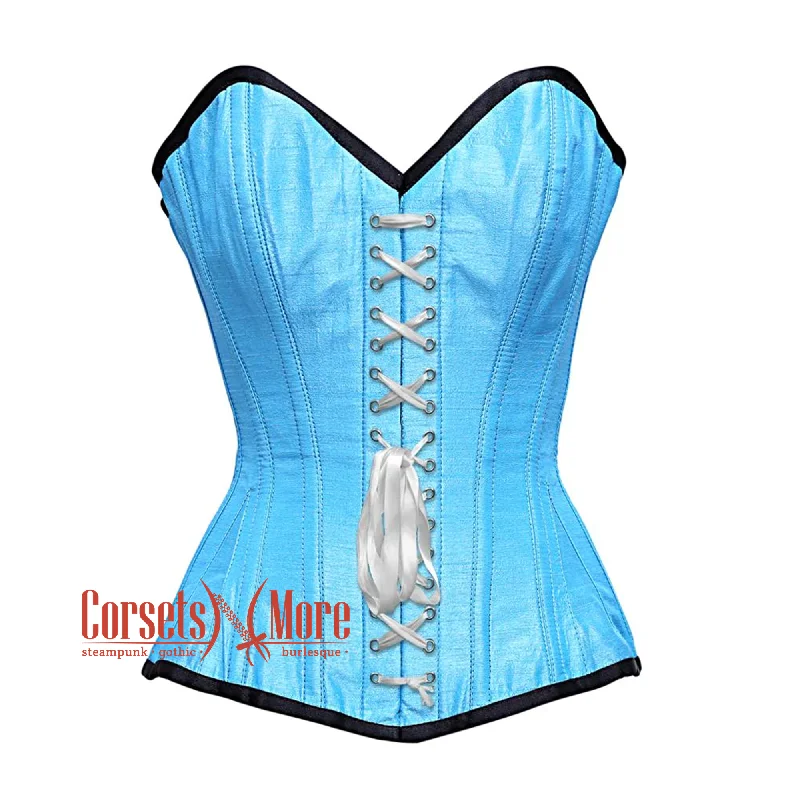 Corset for sleek grace-Baby Blue Satin Burlesque Lace Design Waist Training Costume Gothic Corset Overbust Top