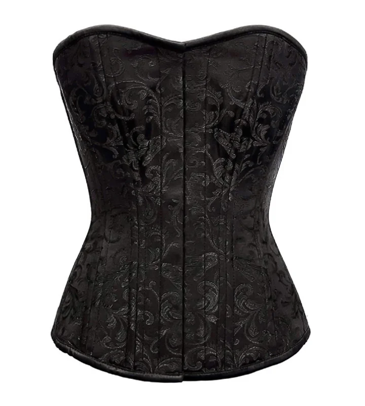 Corset top with mesh cutouts-Black Brocade Spiral Steel Boned Corset For Waist Training Bustier Overbust Top