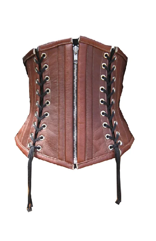 Corset dress for spring events-Brown Real Leather Plus Size Black Lacing Gothic Underbust Corset Waist Training