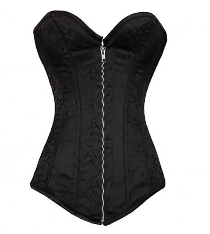 Corset with beaded straps-Black Brocade Gothic Burlesque LONGLINE Corset Waist Training Zipper Overbust Top