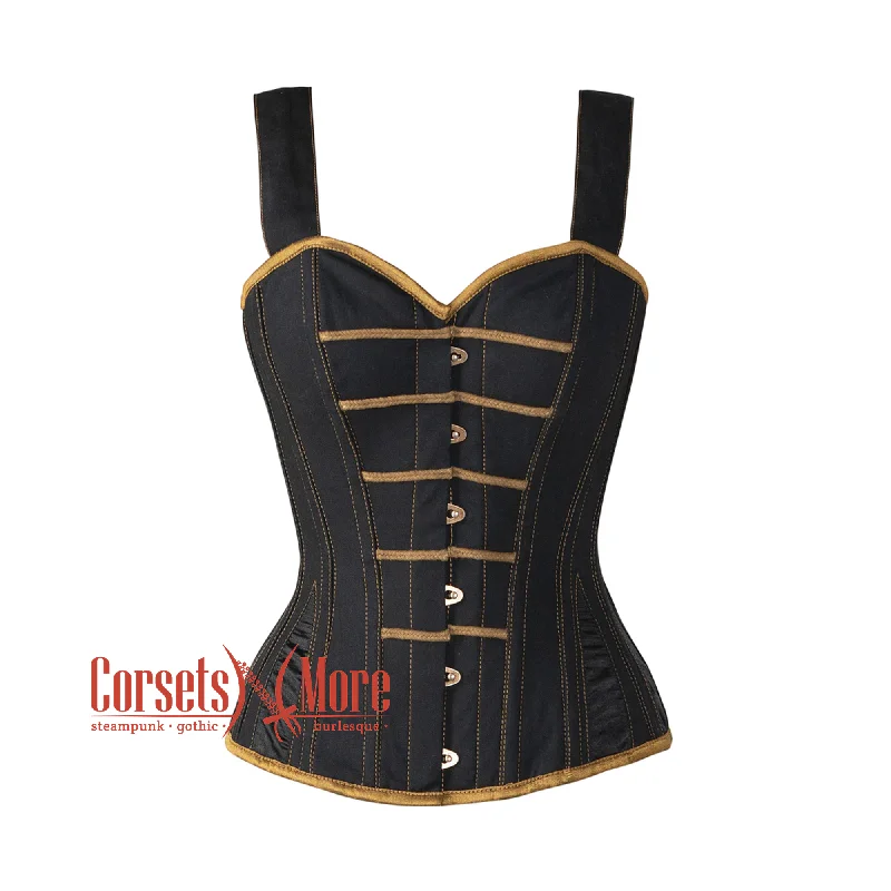 Corset dress in muted gold-Plus Size  Black Denim With Shoulder Straps Overbust Waist Training Steampunk Corset