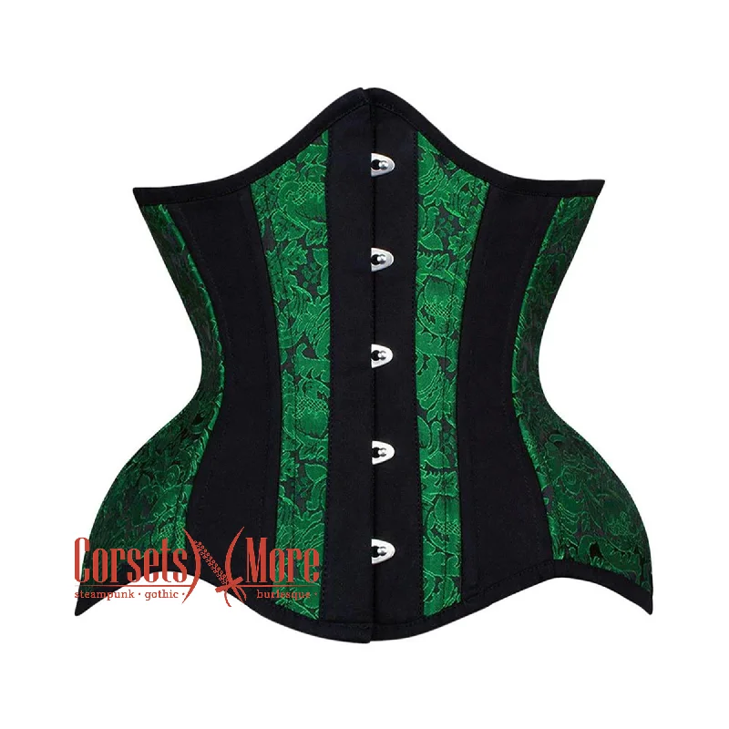 Corset with lace piping-Green Black Brocade Black Cotton Stripe Silver Busk Steampunk Underbust Corset