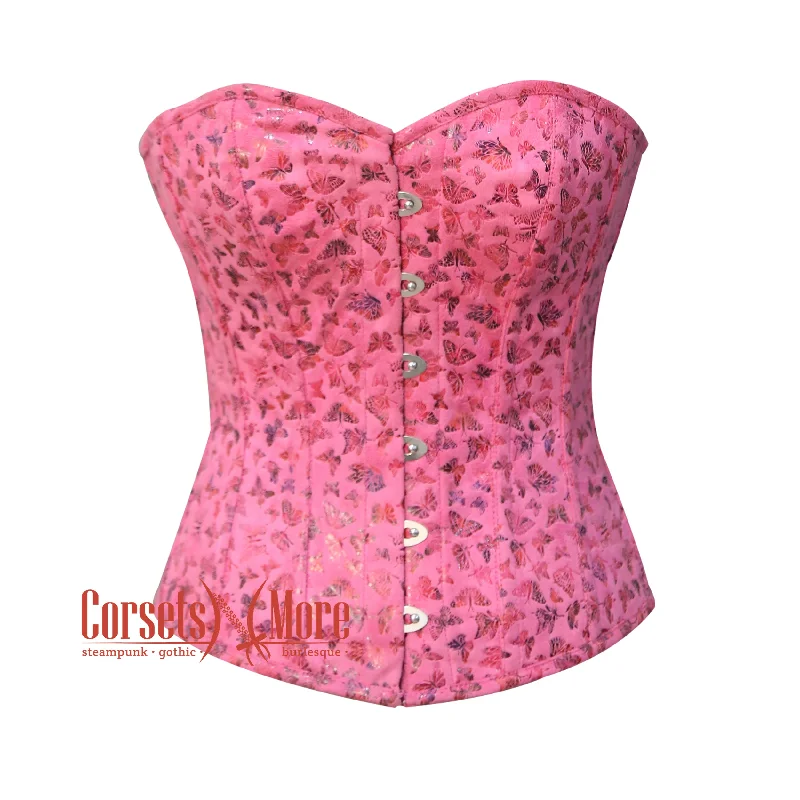 Corset with velvet trim-Pink Butterfly Printed Soft Leather Overbust Bustier Waist Training Corset