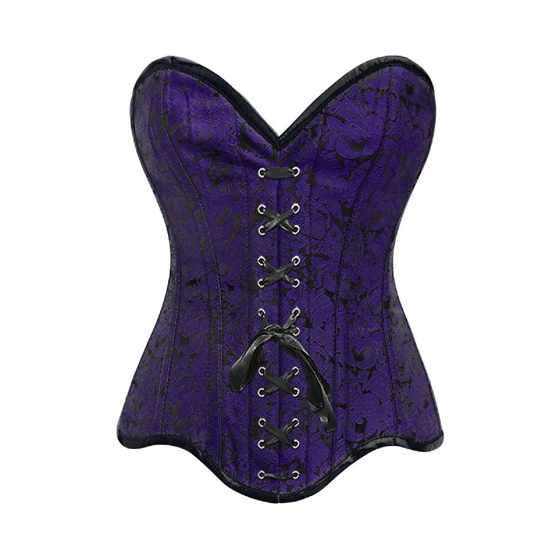 Corset dress for winter grace-Purple Brocade Gothic With Front Black Ribbon Overbust Corset