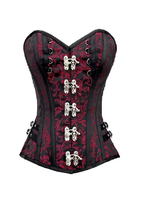 Corset for night glamour-Red Black Brocade Leather Stripes Steampunk Overbust Plus Size Corset Waist Training