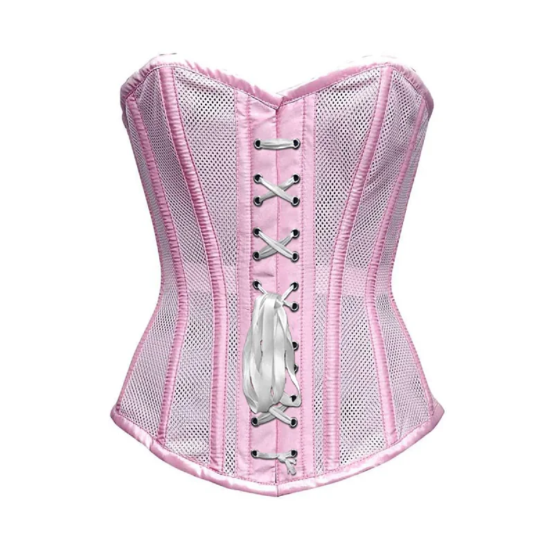 Corset for chic fit-Baby Pink Satin Mesh Front White Ribbon Overbust Corset