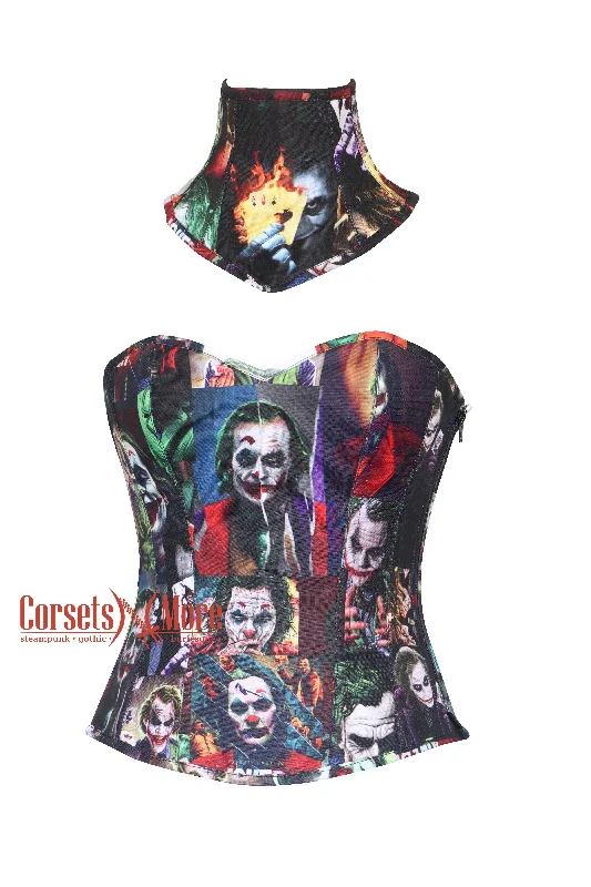 Corset top with bow edging-Plus Size Combo Joker Costume Printed Cotton Overbust Corset With Neck  Collar Gothic Costume