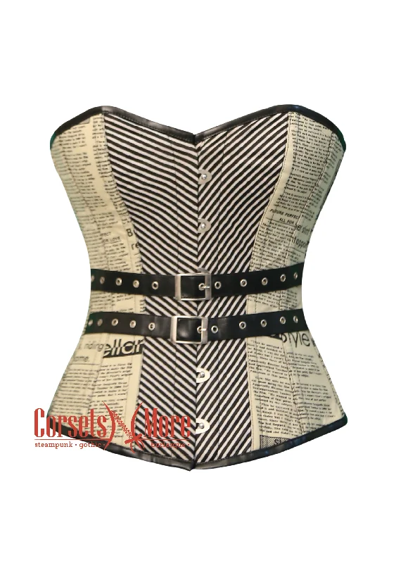 Corset in pale gold-Newspaper Print Cotton Satin Retro Bustier Overbust Corset Costume Top