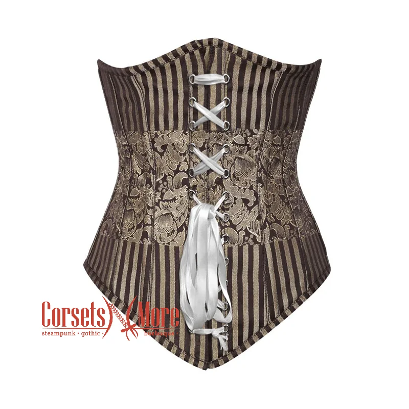 Corset with lace trim-Brown and Golden Brocade With White Lace Gothic Long Underbust Corset