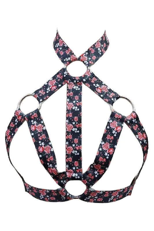 Green sex toy materials-Floral Print Stretchy Body Harness w/Silver Hardware