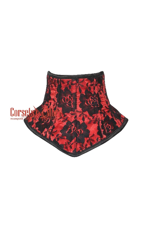 Corset with floral mesh-Red Satin Black Net Overlay Neck Corset Gothic Collar Back Lace Up , Victorian choker-Gothic Posture Unisex Neck Collar