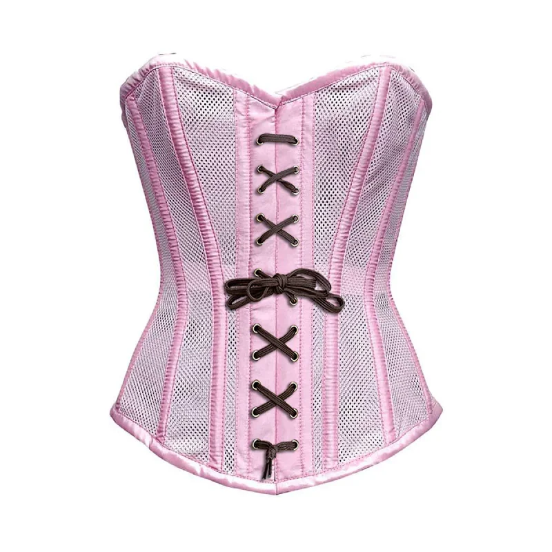 Corset with satin piping-Baby Pink Satin Mesh Front Brown Lace Overbust Corset