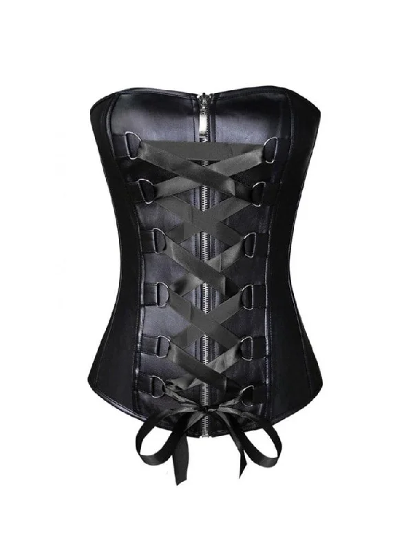 Corset top with sheer front-Black Faux Leather Satin Lace Plus Size Overbust Corset Waist Training