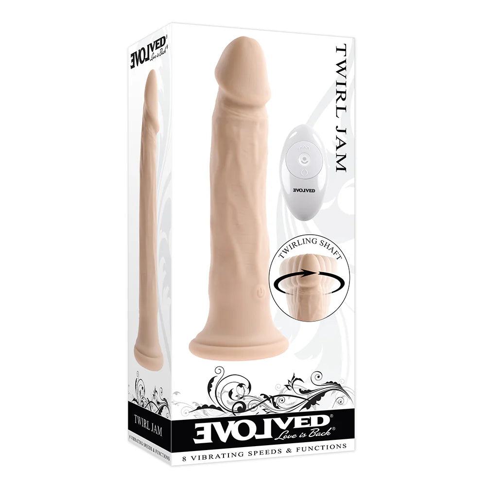 thunder-dildo-Evolved Twirl Jam Rechargeable Remote-Controlled Vibrating Twirling 9 in. Silicone Dildo