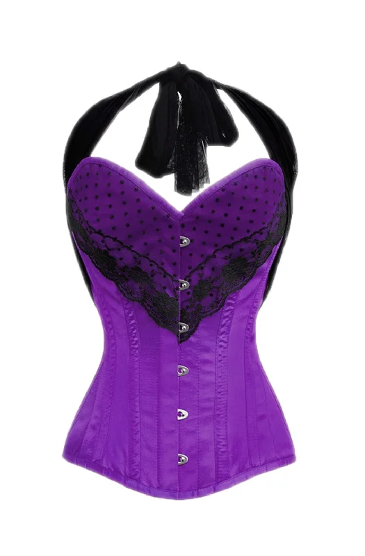 Corset for athletic builds-Purple Satin Corset With Black Net Halter Neck Burlesque Plus Size Corset LONGLINE Overbust