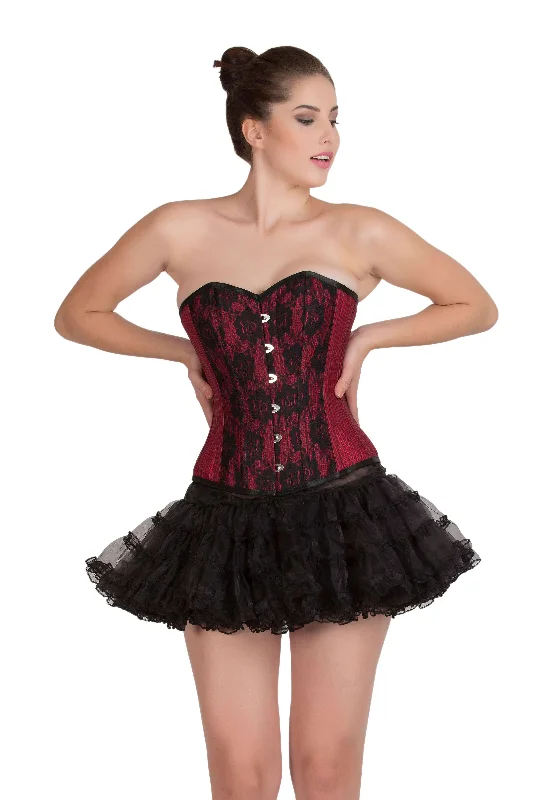 Corset top with draped overlay-Red Lining Cotton Polyester Black Net Gothic Burlesque Waist Training Bustier Overbust Corset Top