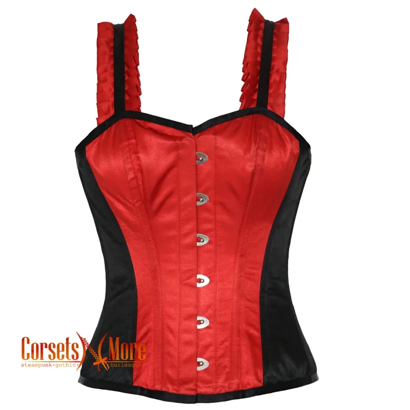 Corset dress for evening flair-Red And Black Satin Corset With Shoulder Strap Overbust Top