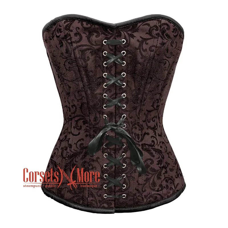 Corset in pale gold-Brown Brocade Steel Boned Front Black Ribbon Overbust Corset