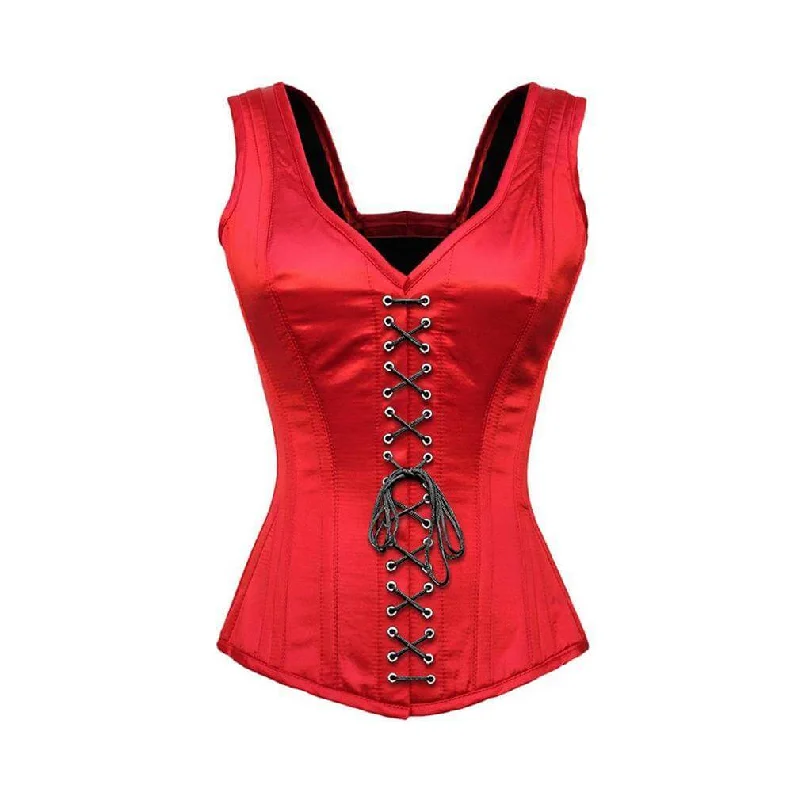 Corset in soft rose-Red Satin Corset Shoulder Straps Gothic Burlesque Bustier Waist Training Overbust