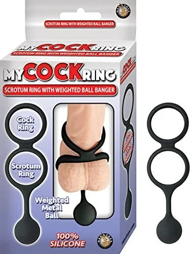 cock ring base model-Nasstoys My Cock Ring Silicone Scrotum with Weighted Ball Banger 1.5 inch Black