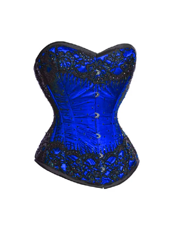 Corset with lace overlay-Blue Satin With Sequins Gothic Burlesque Corset Waist Training Overbust