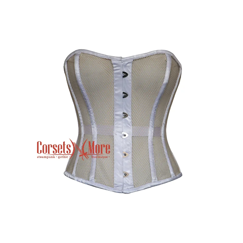 Corset top with sheer edging-Seraphina Darkrose Nude Mesh With White Satin Gothic Costume