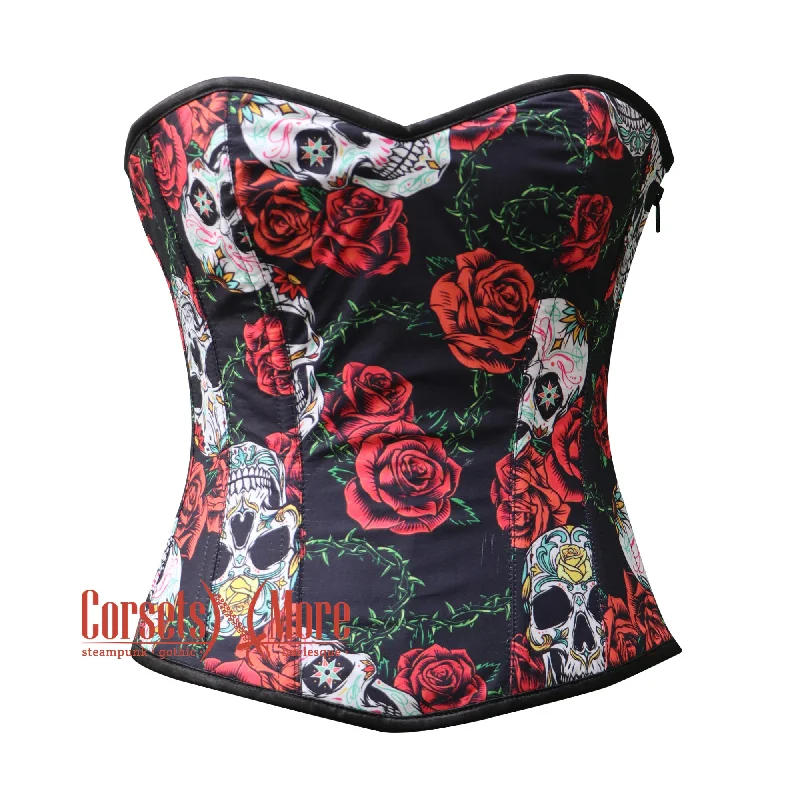 Corset top in deep magenta-Printed Flower And Skull Satin Gothic Corset Halloween Costume