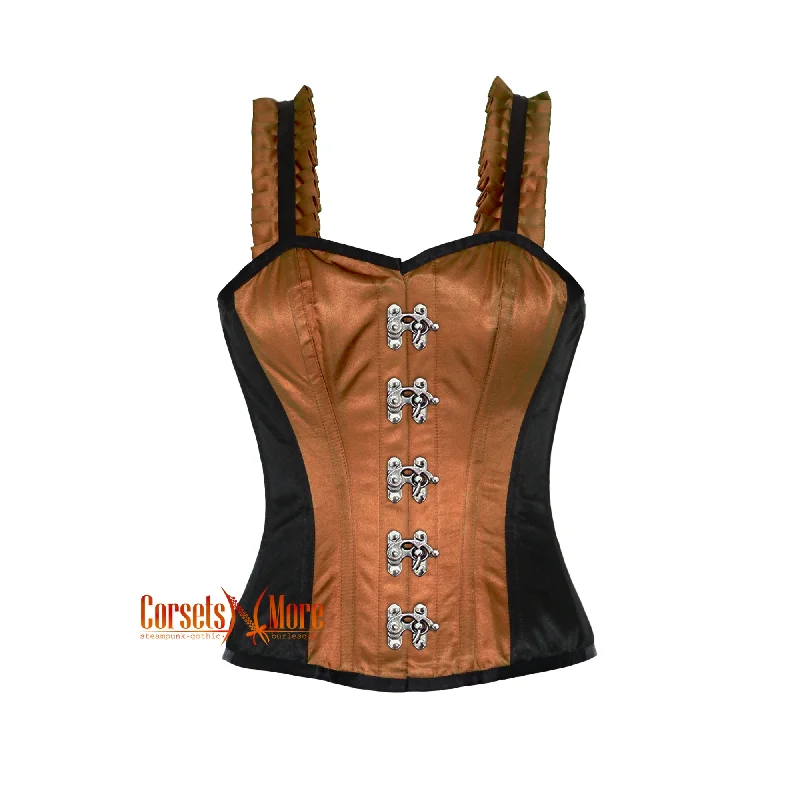 Corset for subtle flair-Brown And Black Satin Corset With Shoulder Strap Overbust Front Clasps Top