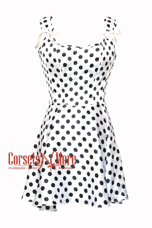 Corset dress for winter soirées-Women’s CorsetsNmore White Satin With Black Polka Dots Shoulder Strap Overbust Corset Gothic Costume