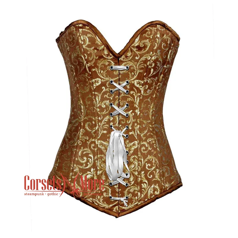 Corset top with floral hem-Brown And Golden Brocade Longline Front Lace Burlesque Overbust Corset Bustier Top